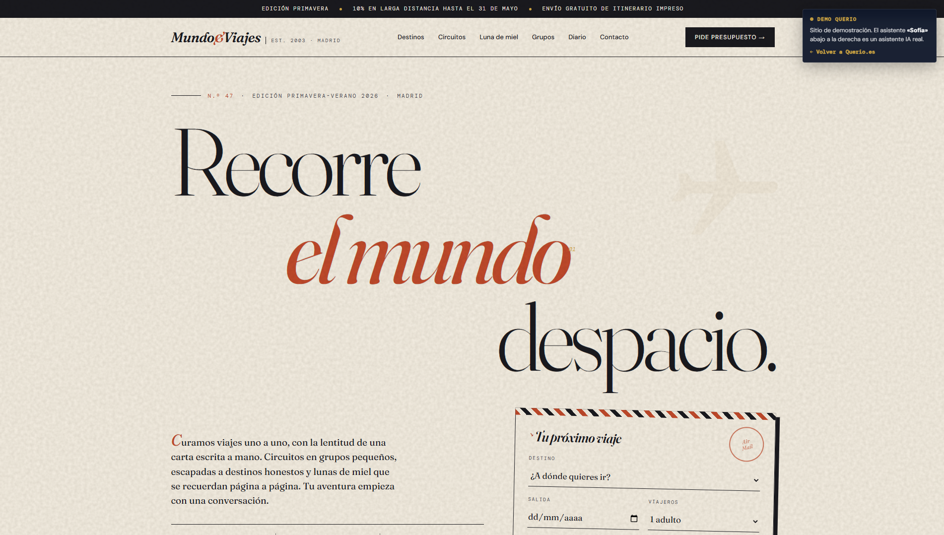 Mundo Viajes — captura de la web demo
